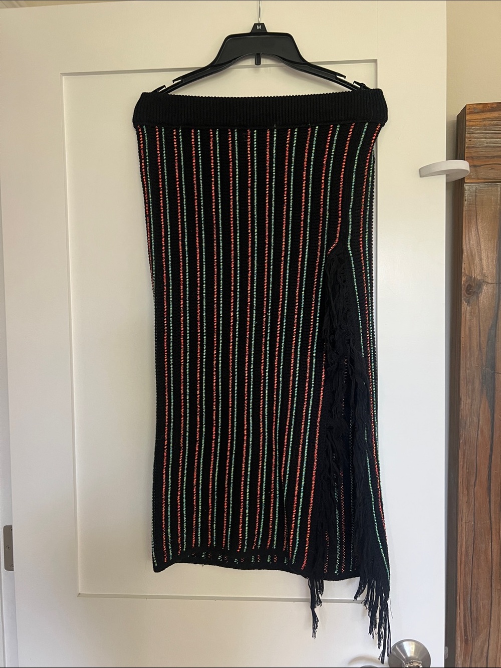 Anthropologie Black Knit Midi Skirt with Red and Green Stripe Detail